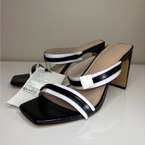 The Drop Avery Black Square Toe Two Strap Heeled Sandals